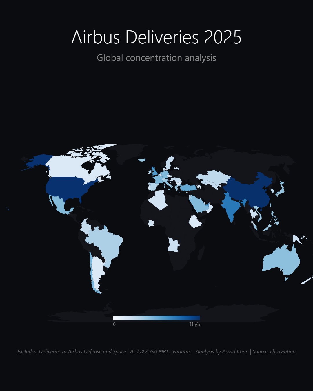 Airbus delivery geographic heatmap